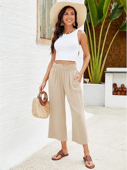 👖⏰Last Day Sale 50% OFF💫Women's High Waisted Wide Leg Linen Elastic Smock Waist Capri Pants – Flattering Fit, Breathable Fabric & Effortless Style 🌸