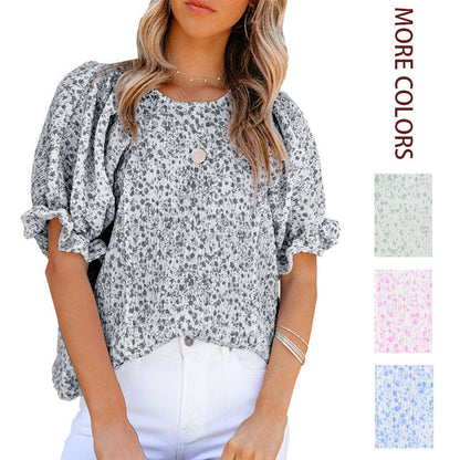 ⏰💥Last Day Special Sale 49% OFF👚Women's Crewneck Smocked Puff Sleeve Floral Print Blouse
