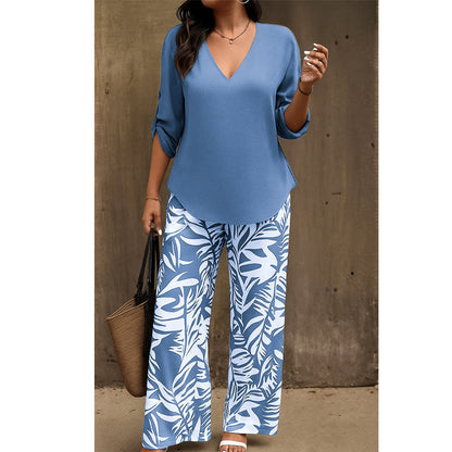 🌿Summer Cool Deal: 70% OFF!!🌿Women's V-Neck Blouse & Printed Wide-Leg Pants Set💃