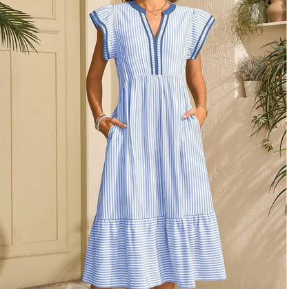 💥Last Day Special Sale 49% OFF💃Women's Striped V-Neck Flutter Sleeve Midi Dress