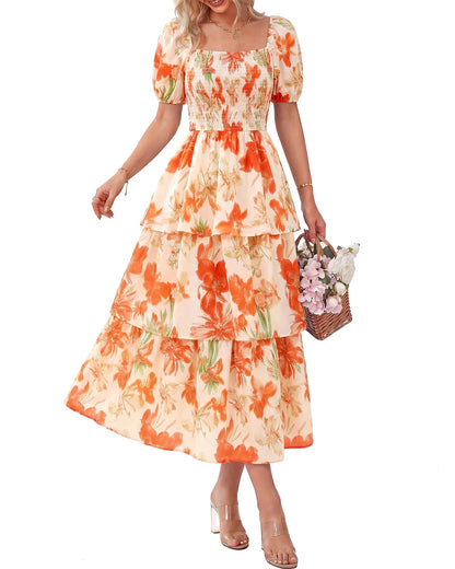 ⏳Time-Limited Special 60%Off⏰💃Women's Floral Square Neck Puff Short Sleeve Smocked Tiered Dress